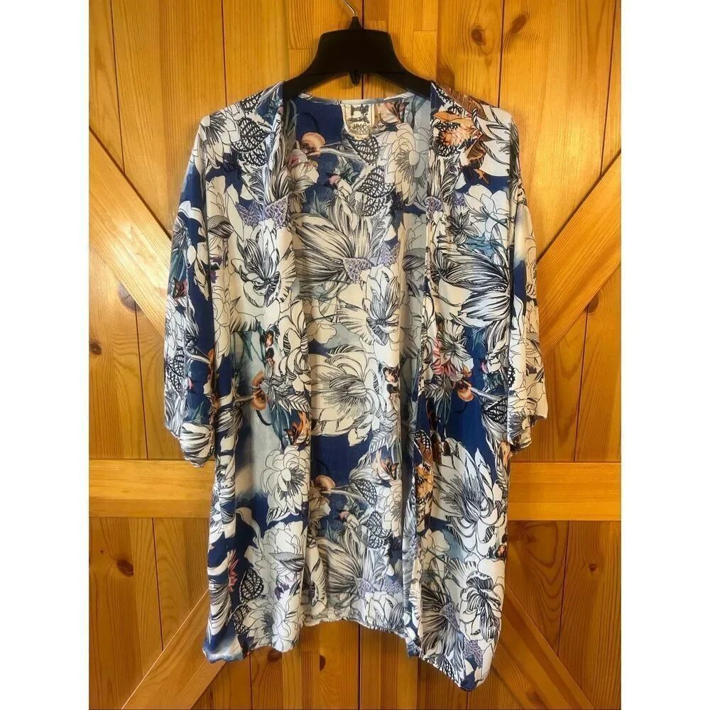Jaase Women’s 3/4 Sleeve Blue Floral Open Front Cardigan Size Small (5773)